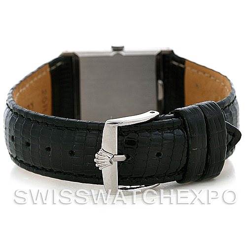 This image shows the Rolex Cellini 4014 Men's White Gold Black Dial 4014 Men's White Gold Black Dial watch from the back, highlighting its black leather strap and buckle.