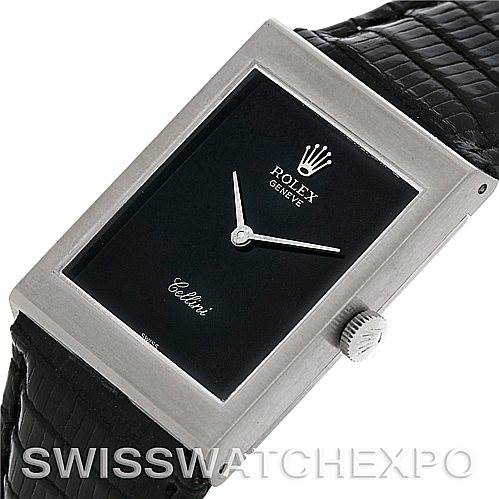 The image shows a Rolex Cellini 4014 Men's White Gold Black Dial 4014 Men's White Gold Black Dial model watch viewed from a slight angle, highlighting the rectangular case, black dial, crown, and black leather strap.