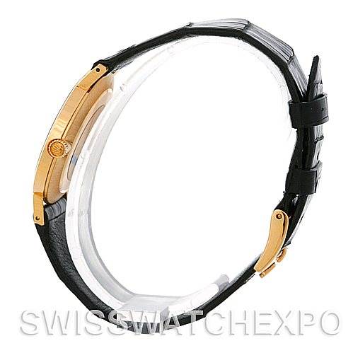 This image shows a side profile of the Rolex Cellini 4112 Men's Yellow Gold Silver Dial 4112 Men's Yellow Gold Silver Dial watch, highlighting its case, crown, and black leather strap.