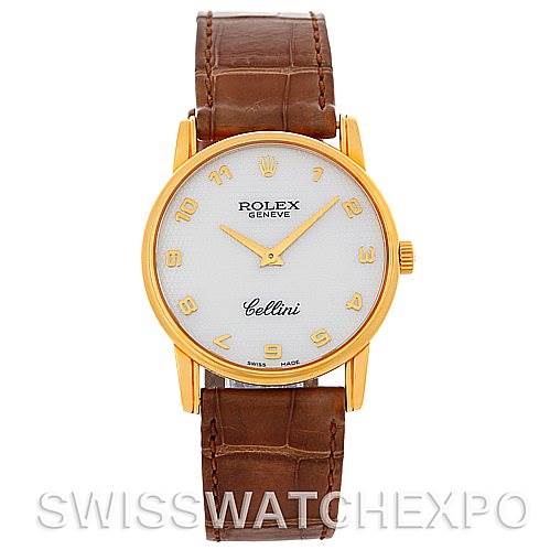 The image shows a front view of the Rolex Cellini 5116 Men's Yellow Gold Mother of Pearl Dial 5116 Men's Yellow Gold Mother of Pearl Dial watch, highlighting its dial, hands, and leather strap.