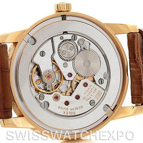 This image shows the back view revealing the inner mechanical movement of a Rolex Cellini 5116 Men's Yellow Gold Mother of Pearl Dial 5116 Men's Yellow Gold Mother of Pearl Dial watch.