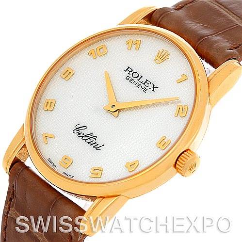 The image shows the face and part of the brown leather strap of a Rolex Cellini 5116 Men's Yellow Gold Mother of Pearl Dial 5116 Men's Yellow Gold Mother of Pearl Dial watch, viewed from a front angle.