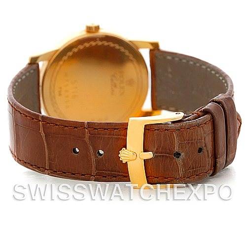 This image shows the back view of the Rolex Cellini 5116 Men's Yellow Gold Mother of Pearl Dial 5116 Men's Yellow Gold Mother of Pearl Dial watch, highlighting its leather strap and clasp.