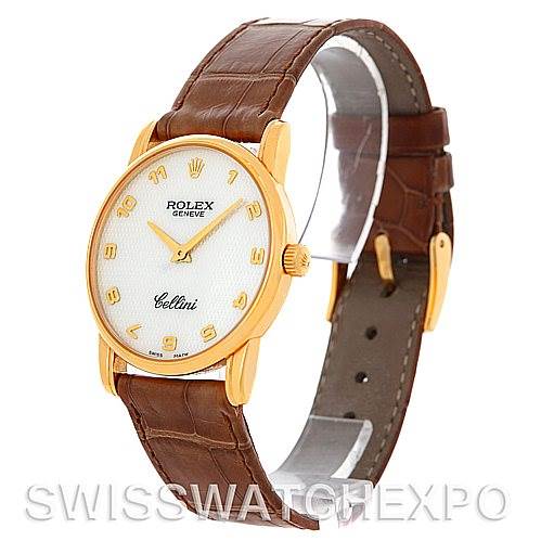 The image shows a side angle of the Rolex Cellini 5116 Men's Yellow Gold Mother of Pearl Dial 5116 Men's Yellow Gold Mother of Pearl Dial watch, highlighting the watch face, gold case, and brown leather strap.