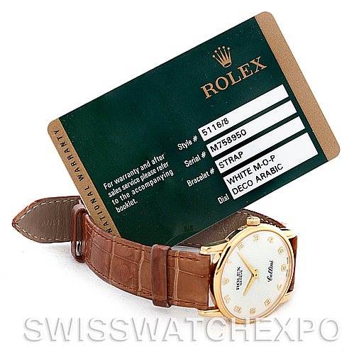 The image shows a Rolex Cellini 5116 Men's Yellow Gold Mother of Pearl Dial 5116 Men's Yellow Gold Mother of Pearl Dial watch angled to the right with its brown strap and a warranty card displaying model details.