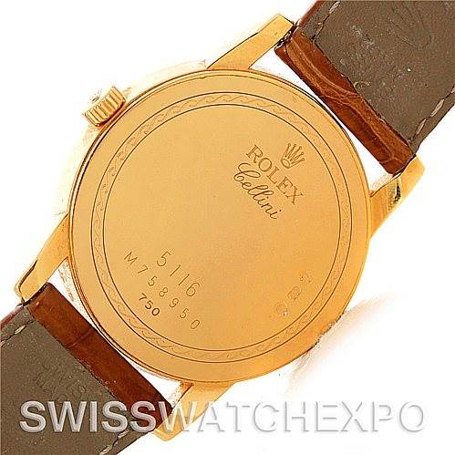 This image shows the back case and brown leather strap of a Rolex Cellini 5116 Men's Yellow Gold Mother of Pearl Dial 5116 Men's Yellow Gold Mother of Pearl Dial model watch.