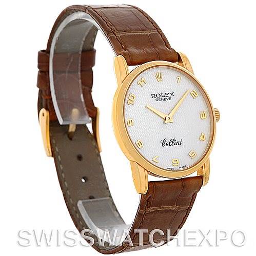 This image shows a Rolex Cellini 5116 Men's Yellow Gold Mother of Pearl Dial 5116 Men's Yellow Gold Mother of Pearl Dial watch at a three-quarter angle, displaying the watch face, leather strap, and side crown.