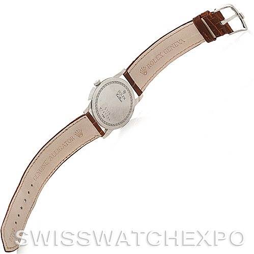 The image shows the back of the Rolex Cellini 5116 Men's White Gold Silver Dial 5116 Men's White Gold Silver Dial watch, highlighting the leather strap and the case back's engraving.