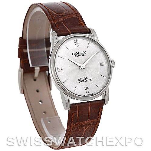 The Rolex Cellini 5116 Men's White Gold Silver Dial 5116 Men's White Gold Silver Dial watch is shown at a slight angle, displaying the dial, bezel, crown, and the brown leather strap.