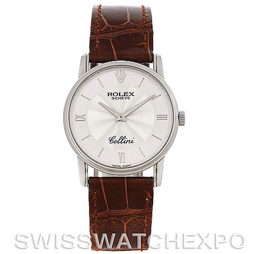 The image shows a front view of the Rolex Cellini 5116 Men's White Gold Silver Dial 5116 Men's White Gold Silver Dial watch, displaying the dial, case, and leather strap.