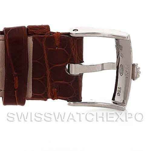 This image shows a side angle of the Rolex Cellini 5116 Men's White Gold Silver Dial 5116 Men's White Gold Silver Dial watch's leather strap and clasp.