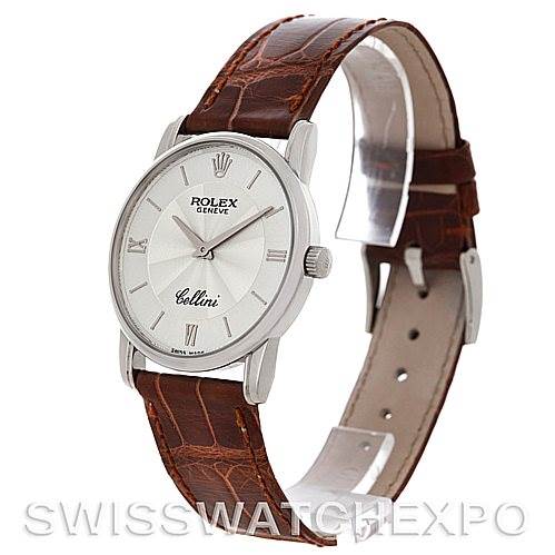 This image shows a Rolex Cellini 5116 Men's White Gold Silver Dial 5116 Men's White Gold Silver Dial watch at an angled view, displaying the face, leather strap, and crown.