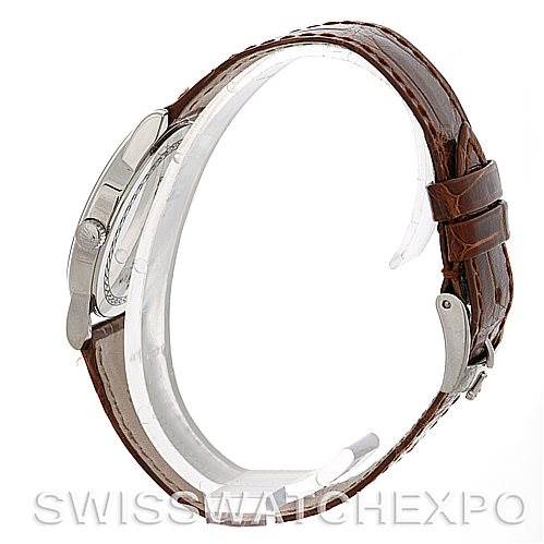 The image shows a side view of a Rolex Cellini 5116 Men's White Gold Silver Dial 5116 Men's White Gold Silver Dial watch, highlighting its brown leather strap and clasp.