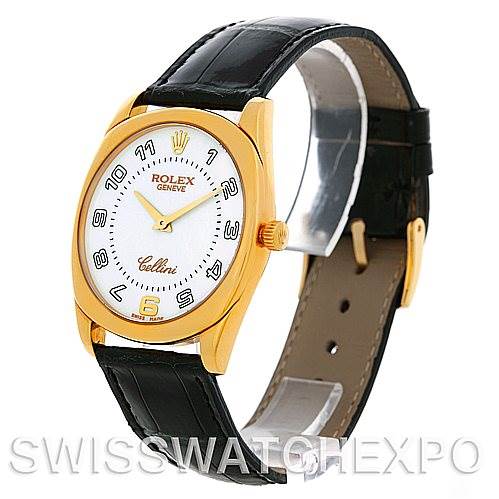 This image shows a front and side angle of the Rolex Cellini 4233 Men's Yellow Gold White Dial 4233 Men's Yellow Gold White Dial watch, highlighting the gold case, white dial, and black leather strap.