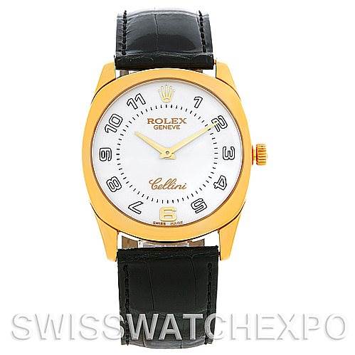 This image shows a front view of the Rolex Cellini 4233 Men's Yellow Gold White Dial 4233 Men's Yellow Gold White Dial watch, displaying the face, hands, gold-tone case, and black leather strap.