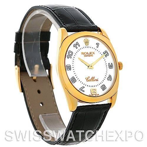 The image shows a Rolex Cellini 4233 Men's Yellow Gold White Dial 4233 Men's Yellow Gold White Dial watch at a three-quarter angle, highlighting its gold casing, white dial, and black leather strap.