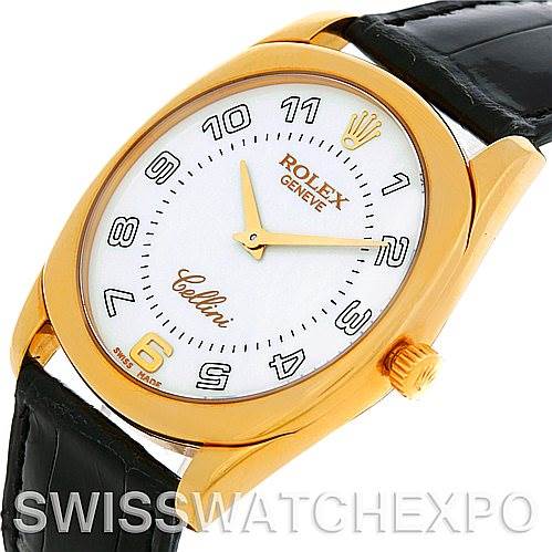 The image shows a frontal view of a Rolex Cellini 4233 Men's Yellow Gold White Dial 4233 Men's Yellow Gold White Dial watch, showcasing its dial, hands, bezel, and black leather strap.
