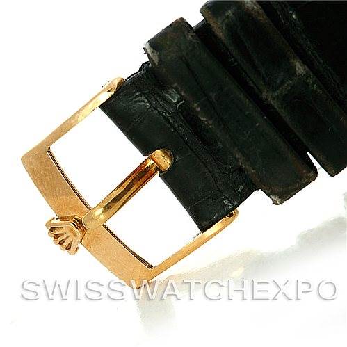 The image shows a close-up of the buckle and strap of a Rolex Cellini 5112 Men's Yellow Gold Beige Dial 5112 Men's Yellow Gold Beige Dial watch.