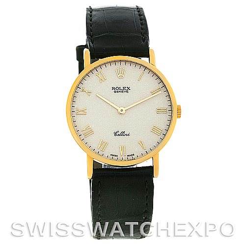 This image shows a front view of a Rolex Cellini 5112 Men's Yellow Gold Beige Dial 5112 Men's Yellow Gold Beige Dial watch with a gold case and a black leather strap.