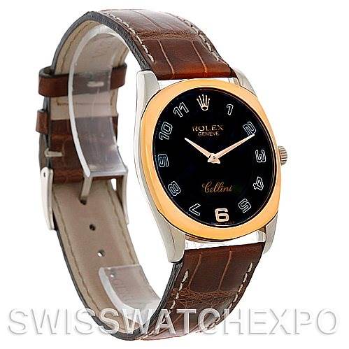 The image shows a Rolex Cellini 4233 Men's White Gold Black Dial 4233 Men's White Gold Black Dial watch at a slight angle, highlighting the black dial, gold bezel, and brown leather strap.