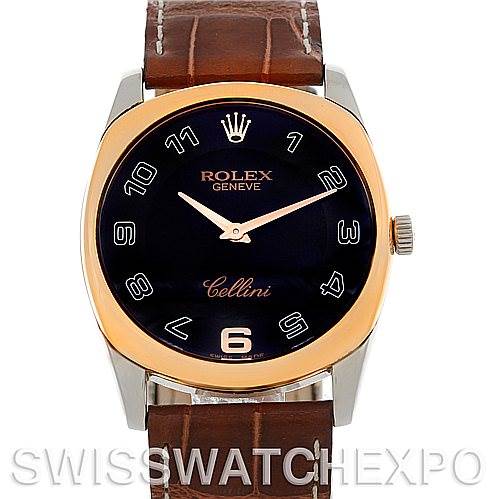 This image shows the front view of a Rolex Cellini 4233 Men's White Gold Black Dial 4233 Men's White Gold Black Dial watch, featuring a leather strap, black dial, and gold bezel.