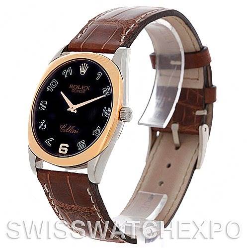 The image shows a side angle of the Rolex Cellini 4233 Men's White Gold Black Dial 4233 Men's White Gold Black Dial watch, highlighting its face, crown, and leather strap.