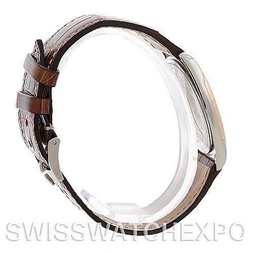 The image shows the side view of a Rolex Cellini 4233 Men's White Gold Black Dial 4233 Men's White Gold Black Dial watch, highlighting the leather strap, clasp, and case profile.