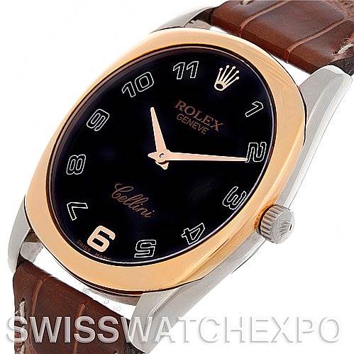 This image shows a Rolex Cellini 4233 Men's White Gold Black Dial 4233 Men's White Gold Black Dial watch from a front angle, highlighting the dial, bezel, case, and part of the leather strap.