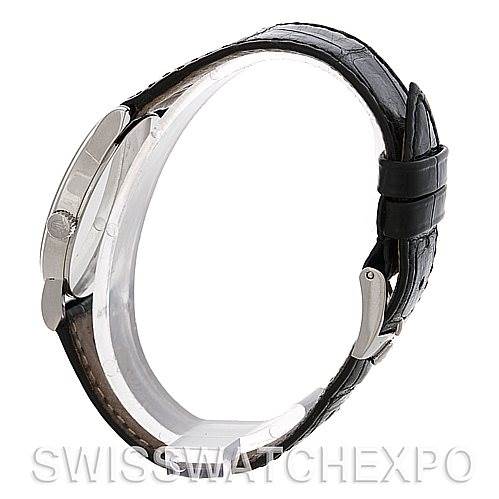 The image shows a side profile of the Rolex Cellini 5116 Men's White Gold Black Dial 5116 Men's White Gold Black Dial watch, highlighting its case, crown, and leather strap.