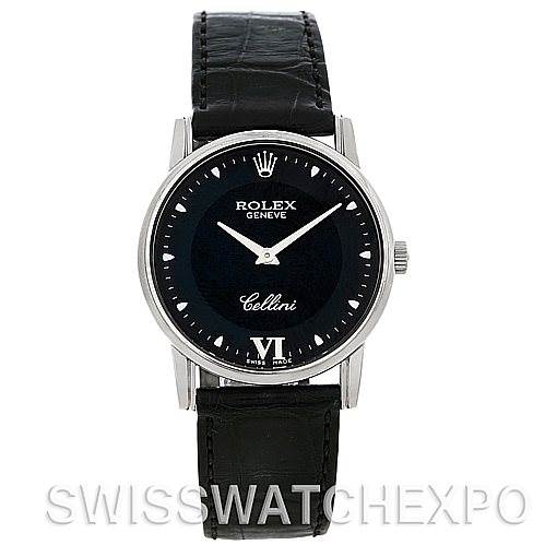 The image shows a front view of the Rolex Cellini 5116 Men's White Gold Black Dial 5116 Men's White Gold Black Dial watch, displaying its face, dial, and black leather strap.