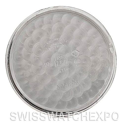 This image shows the inside of the case back of a Rolex Cellini 5116 Men's White Gold Black Dial 5116 Men's White Gold Black Dial watch, highlighting markings and hallmarks.