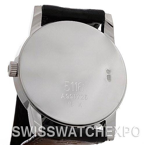 This image shows the back case of a Rolex Cellini 5116 Men's White Gold Black Dial 5116 Men's White Gold Black Dial watch, highlighting the model and serial numbers.