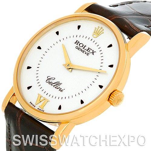 The image shows a Rolex Cellini 5115 Men's Yellow Gold Silver Dial 5115 Men's Yellow Gold Silver Dial watch angled from the front-left, highlighting the dial, case, and part of the leather strap.