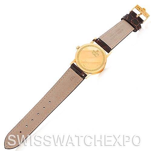 The image shows a Rolex Cellini 5115 Men's Yellow Gold Silver Dial 5115 Men's Yellow Gold Silver Dial watch from a rear angle, displaying the back of the watch case and the full leather strap.