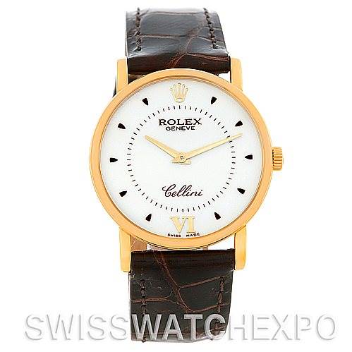 The image shows a front view of a Rolex Cellini 5115 Men's Yellow Gold Silver Dial 5115 Men's Yellow Gold Silver Dial watch, featuring a white dial, gold case, and brown leather strap.