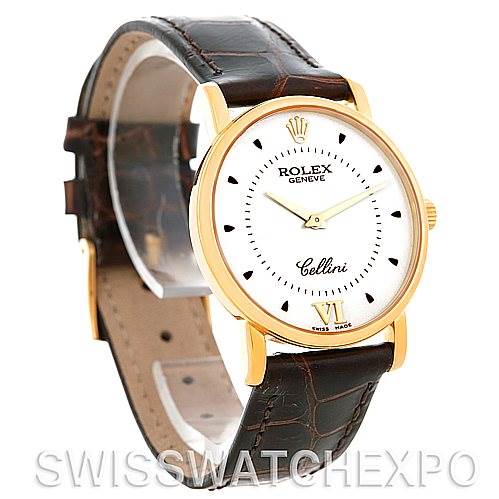 The image shows a Rolex Cellini 5115 Men's Yellow Gold Silver Dial 5115 Men's Yellow Gold Silver Dial watch at a three-quarter angle, highlighting its dial, case, and leather strap.