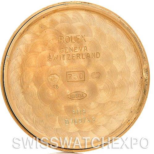 This image shows the interior case back of a Rolex Cellini 5115 Men's Yellow Gold Silver Dial 5115 Men's Yellow Gold Silver Dial watch, highlighting the brand's hallmark and model details.