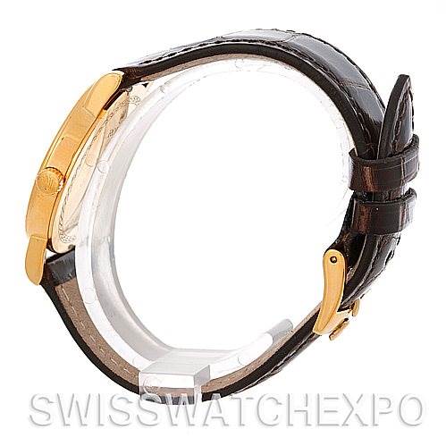 This image shows a side profile of a Rolex Cellini 5115 Men's Yellow Gold Silver Dial 5115 Men's Yellow Gold Silver Dial watch, highlighting the leather strap and the gold buckle.