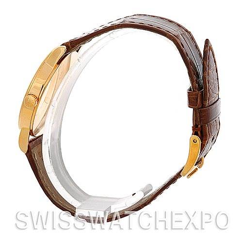 This image shows a side view of the Rolex Cellini 5115 Men's Yellow Gold Grey Dial 5115 Men's Yellow Gold Grey Dial watch, highlighting the side profile and the brown leather strap.