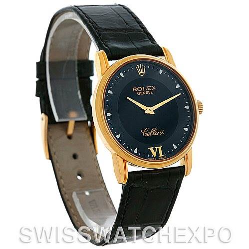 The Rolex Cellini 5116 Men's Yellow Gold Black Dial 5116 Men's Yellow Gold Black Dial watch is shown from a front angle, highlighting its black dial, gold case, and black leather strap.