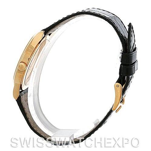 The image shows a side view of a Rolex Cellini 5116 Men's Yellow Gold Black Dial 5116 Men's Yellow Gold Black Dial watch, highlighting its gold case and black leather strap.