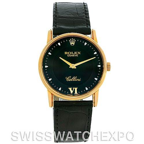 The image shows a front view of a Rolex Cellini 5116 Men's Yellow Gold Black Dial 5116 Men's Yellow Gold Black Dial watch with a black leather strap and gold case.
