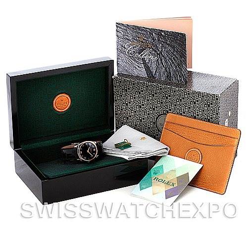 The image displays a Rolex Cellini 4233 Men
s White Gold Black Dial 4233 Men
s White Gold Black Dial watch with its open box, warranty card, manual, and leather holder on different sides.