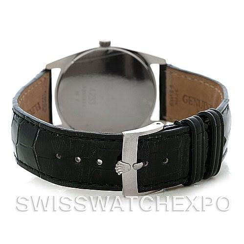 This image shows the back of the Rolex Cellini 4233 Men
s White Gold Black Dial 4233 Men
s White Gold Black Dial watch with a black leather strap and a clasp.