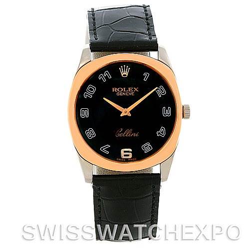 This image shows a front view of a Rolex Cellini 4233 Men
s White Gold Black Dial 4233 Men
s White Gold Black Dial watch featuring the dial, hands, bezel, crown, and black strap.