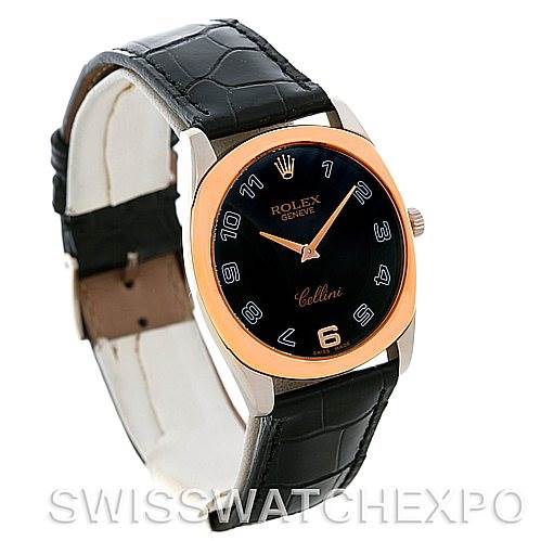 This image shows a side angle of a Rolex Cellini 4233 Men
s White Gold Black Dial 4233 Men
s White Gold Black Dial watch, highlighting its black dial, rose gold bezel, and black leather strap.