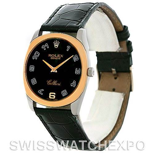 The Rolex Cellini 4233 Men
s White Gold Black Dial 4233 Men
s White Gold Black Dial watch is shown at an angle displaying its face, bezel, crown, and black leather strap.