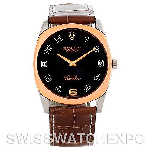 This image shows a front view of a Rolex Cellini 4233 Men's White Gold Black Dial 4233 Men's White Gold Black Dial watch with a black dial, gold hands, and a brown leather strap.