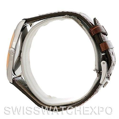 The image shows a side view of a Rolex Cellini 4233 Men's White Gold Black Dial 4233 Men's White Gold Black Dial watch, highlighting the case, crown, and leather strap with a buckle.