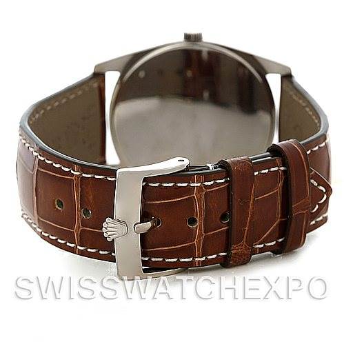 The image shows the back view and clasp of a Rolex Cellini 4233 Men's White Gold Black Dial 4233 Men's White Gold Black Dial watch with a brown leather strap.